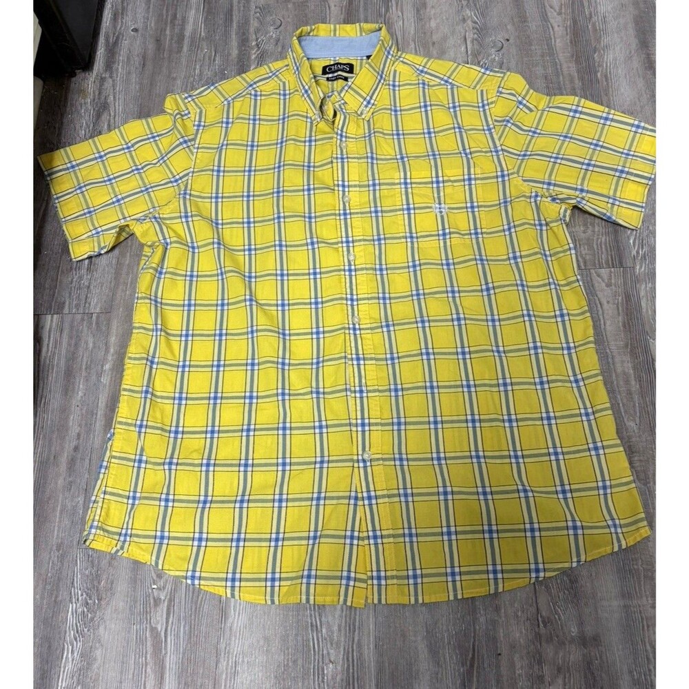 Chaps Men's Shirt  XL Yellow Blue Plaid Short Sleeve Button Down Casual Dadcore